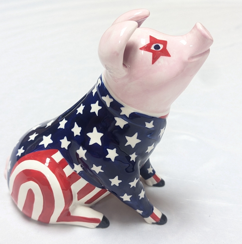 2002 Vintage "The Big Pig" Red White Blue Patriotic Ceramic Coin Piggy Bank 6"
